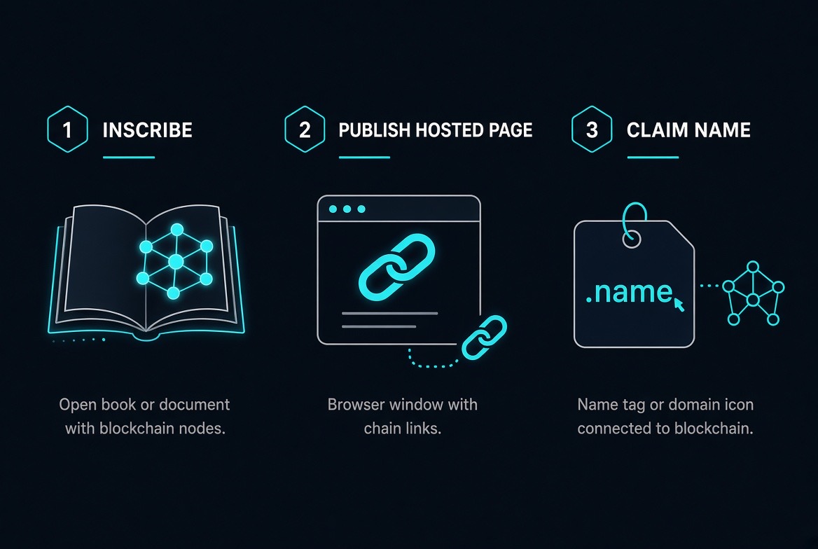 How it works: 1 Inscribe, 2 Publish a hosted page, 3 Claim a name.